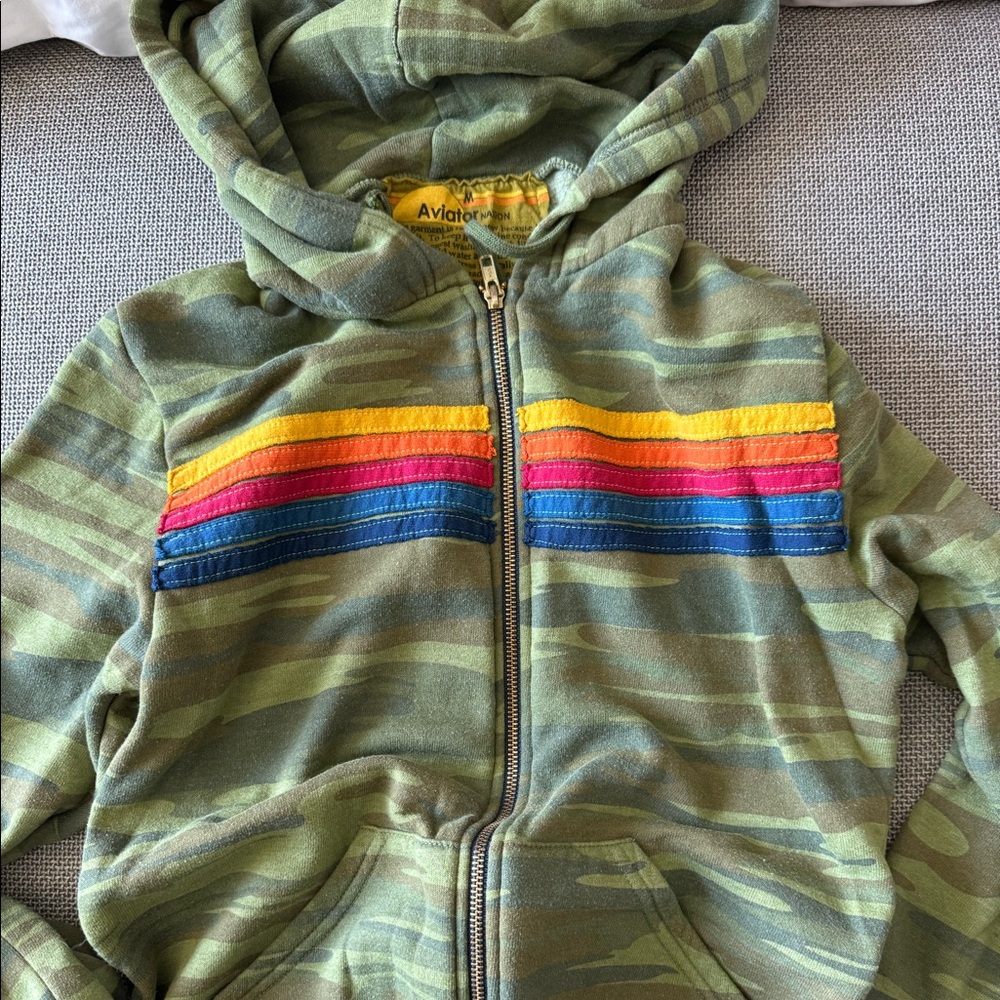 Aviator nation camo full zip hoodie, rainbow stripe sleeves,  size medium